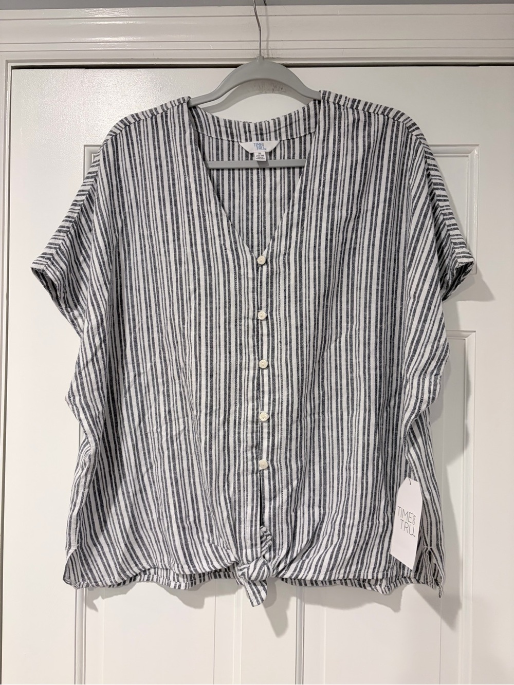 NWT Time and Tru Linen Blend Tie Front Striped Blouse XL 16-18